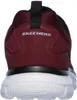 The back view of a burgundy and black Skechers sneaker with a white sole. Produktbild-Vorschau