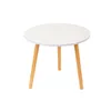 A white round table with three wooden legs on a white background. Produktbild-Vorschau