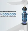 Close-up diagram of a faucet's internal ceramic cartridge mechanism, with marketing text highlighting its durability. Anteprima dell’immagine prodotto