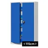 A blue metal filing cabinet with open doors, showing multiple shelves filled with binders. Voir les images du produit