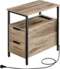 A product shot of a wooden side table with black metal legs and a built-in power strip. Produktbild-Vorschau