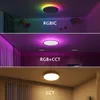 A collage of three images showing a ceiling light in different lighting modes: RGBIC, RGB+CCT, and CCT. Produktbild-Vorschau