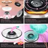 Collage showing instructions and product shots of a pink and white cotton candy machine. Produktbild-Vorschau