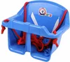 A blue plastic baby swing with red ropes and a logo. Náhľad obrázku produktu