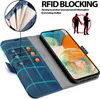 A blue flip case for a Samsung Galaxy A23 5G phone, showing its card slots and RFID blocking feature. Produktbild-Vorschau