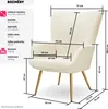 A close-up of a cream-colored armchair with dimensions and specifications listed. Náhled obrázku produktu