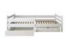 A white wooden children's bed with two drawers, shown from the side. Produktbild-Vorschau