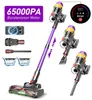A collage of images showcasing a purple cordless vacuum cleaner and its accessories, with marketing text and a digital display. Produktbild-Vorschau