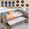 A sofa bed with LED lighting and app control features shown in a bedroom setting. Podgląd zdjęcia produktu