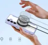 A hand is holding a phone with a magnetic charger attached to the back, with icons at the bottom indicating charging features. Produktbild-Vorschau