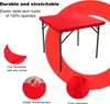 A red elastic table skirt on a square table, with close-up insets showing features. Produktbild-Vorschau