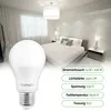 A bedroom scene with a large LED light bulb in the foreground and product specifications listed on the right. Produktbild-Vorschau