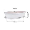 A white oval ceramic bonsai pot with a matching saucer, shown with dimensions indicated by measurement lines and text. Produktbild-Vorschau