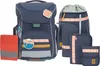 A set of navy blue school bags and accessories with pink and yellow accents, displayed against a white background. Voir les images du produit