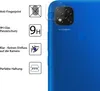 A blue smartphone with a camera lens protector applied, shown with feature callouts. Produktbild-Vorschau