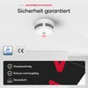 A smoke detector is shown mounted on a white ceiling, with marketing text and certification logos. Produktbild-Vorschau