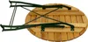 The underside of a round, wooden garden table with a green metal folding frame is shown against a white background. Produktbild-Vorschau