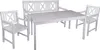 A white wooden dining set including a table, a bench, and two chairs, displayed on a white background. Produktbild-Vorschau