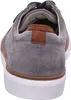 The back view of a grey suede sneaker with brown leather accents and a white sole. Produktbild-Vorschau