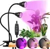 A clip-on grow light with two adjustable arms and LED bulbs, illuminating several potted plants with purple light. The image also includes inset circular views of the light in different modes. Produktbild-Vorschau