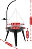 A black charcoal grill with a hanging grate and dimensions indicated by red text and arrows. Podgląd zdjęcia produktu