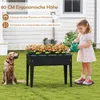 A young girl waters flowers in a raised garden bed, with a dog sitting nearby. Voir les images du produit