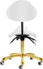 A white saddle stool with a gold base and wheels, shown from a slightly elevated rear angle against a white background. Produktbild-Vorschau