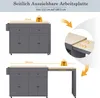 A kitchen island with an extendable countertop, shown in both its compact and extended states, with dimensions and weight capacity indicated. Voir les images du produit