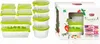 A set of clear plastic food storage containers with green lids, displayed next to their retail packaging. Náhled obrázku produktu