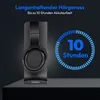 A pair of black headphones on a black charging stand, with a blue graphic indicating battery life. Produktbild-Vorschau