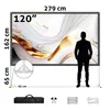 A projection screen with a graphic design, a silhouette of a person for scale, and dimensions indicated. Accessories are shown at the bottom. Produktbild-Vorschau