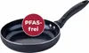 A black frying pan with a red circular overlay indicating it is PFAS-free. Produktbild-Vorschau