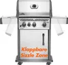 A Napoleon Rogue XT425 gas grill with its side shelves extended and a text overlay highlighting a feature. Produktbild-Vorschau