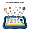 A blue tablet with various app icons floating around it, set against a white background. Produktbild-Vorschau