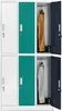 A view of two stacked locker units, with each unit containing a white door, a teal door, and a navy blue door. Produktbild-Vorschau