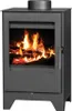 A dark gray wood-burning stove with a glass door showing a fire inside.