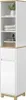 A tall, narrow white cabinet with wood accents, featuring shelves and drawers, standing on wooden legs. Voir les images du produit