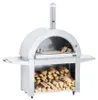 A stainless steel wood-fired pizza oven with firewood stored underneath. Produktbild-Vorschau