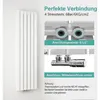 A marketing image showing a white vertical panel radiator and close-ups of its connection fittings and text describing its features. Produktbild-Vorschau