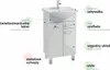 A white bathroom vanity with a sink and faucet, with various features highlighted by dotted lines and text labels. Voir les images du produit