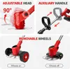 Collage of images showing features of a red electric grass trimmer. Produktbild-Vorschau