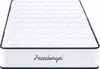 A white mattress with blue trim and a brand logo on the side. Produktbild-Vorschau