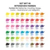 A grid of swatches of 48 different colors, arranged in rows and columns, with German text above describing the product. Produktbild-Vorschau