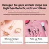 A collage showing jewelry and makeup brushes, with text overlays promoting a cleaning device. Produktbild-Vorschau