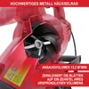 Close-up of a red leaf blower's internal mechanism, highlighting its metal impeller and showing text overlays with product features. Produktbild-Vorschau