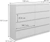A diagram showing the dimensions of a white dresser. Voir les images du produit