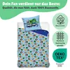 A Minecraft-themed duvet cover and pillow set displayed on a white background with marketing text and icons. Produktbild-Vorschau