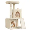A beige cat tree with two cats inside, on a white background. Produktbild-Vorschau