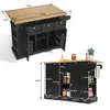 Two views of a black kitchen island with a wooden countertop, showing dimensions and storage. Voir les images du produit