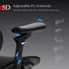 Close-up of an adjustable armrest on an ergonomic office chair, with diagrams illustrating its multi-directional adjustment capabilities. Produktbild-Vorschau